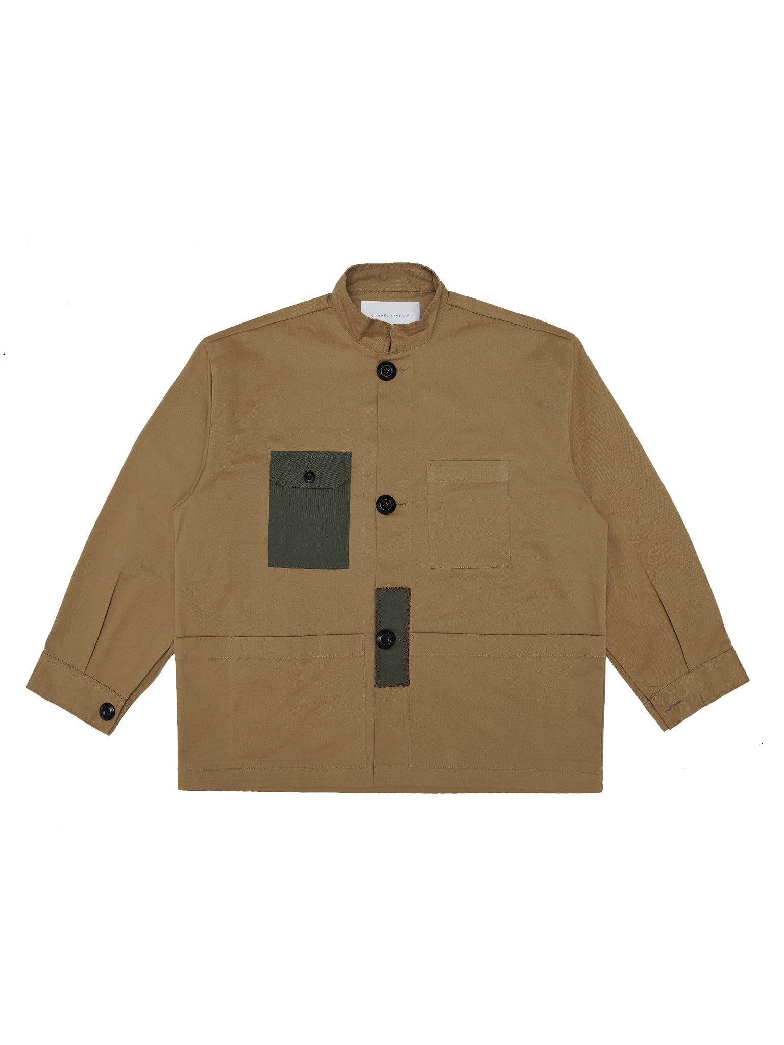 Brown jacket with black buttons and patches on a white background