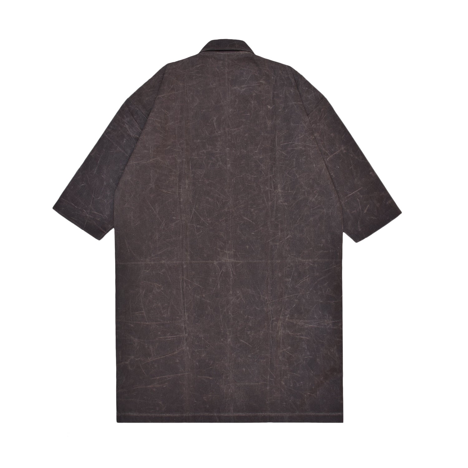 Back view of a dark brown waxed coat on a white background