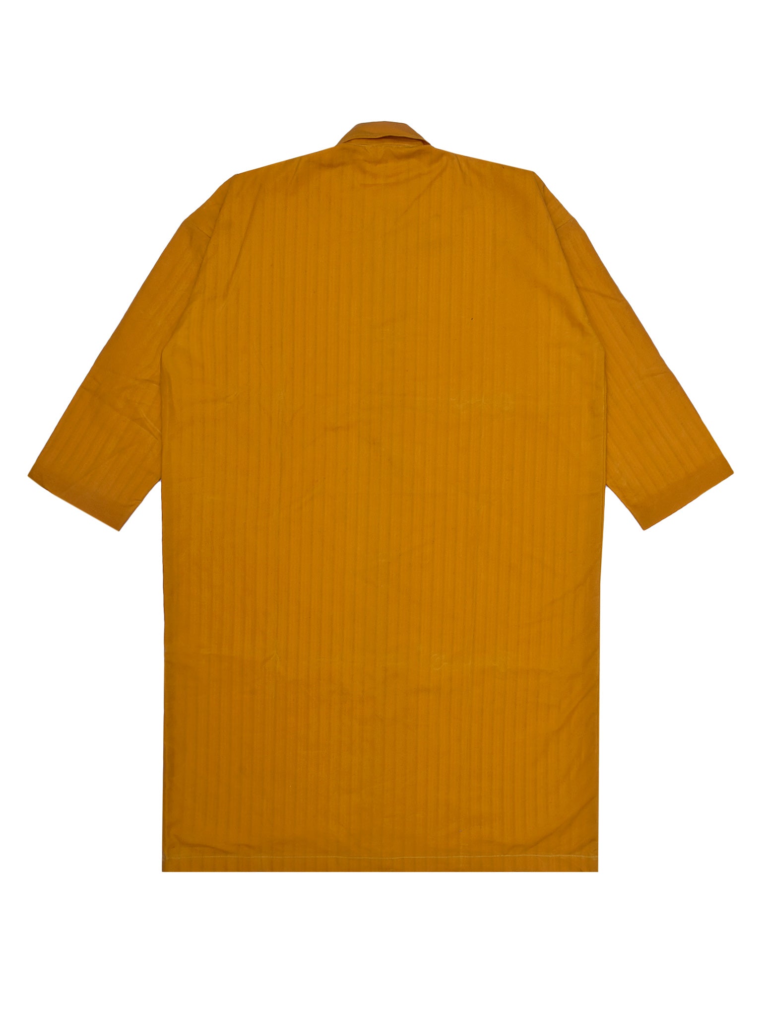 Back view of a mustard yellow shirt on a white background