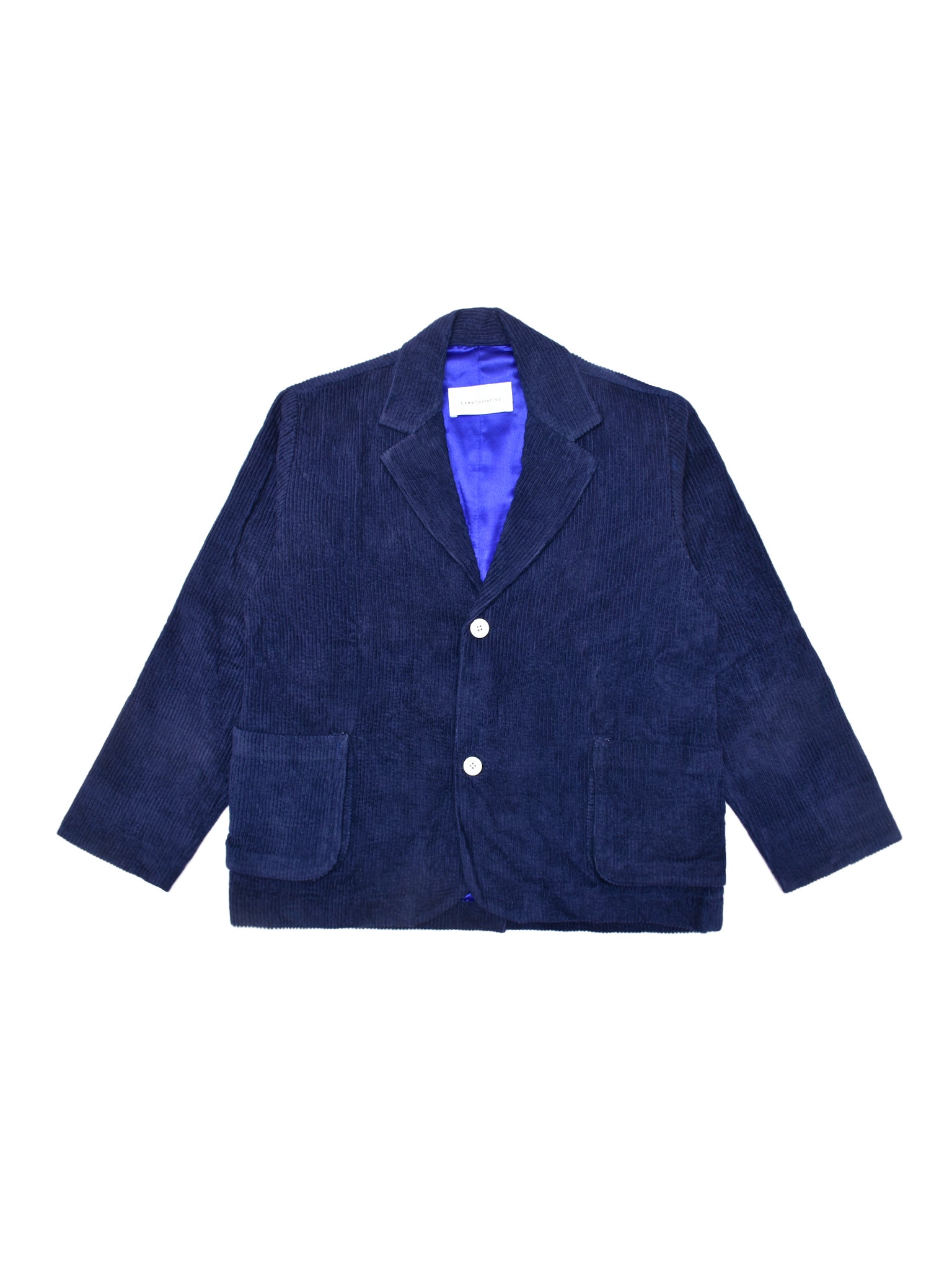 Navy blazer with a white label on a white background