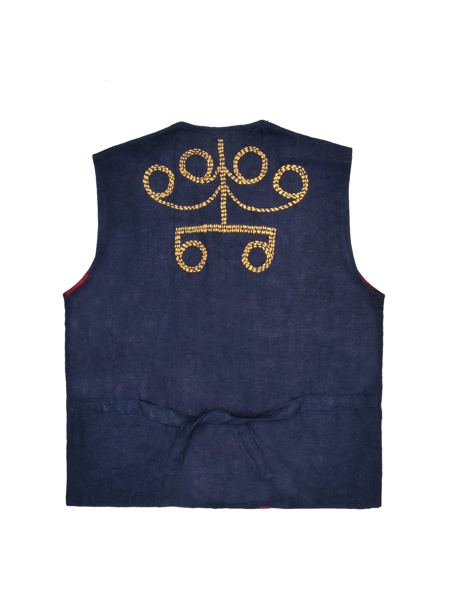 Navy blue vest with yellow decorative pattern on a white background