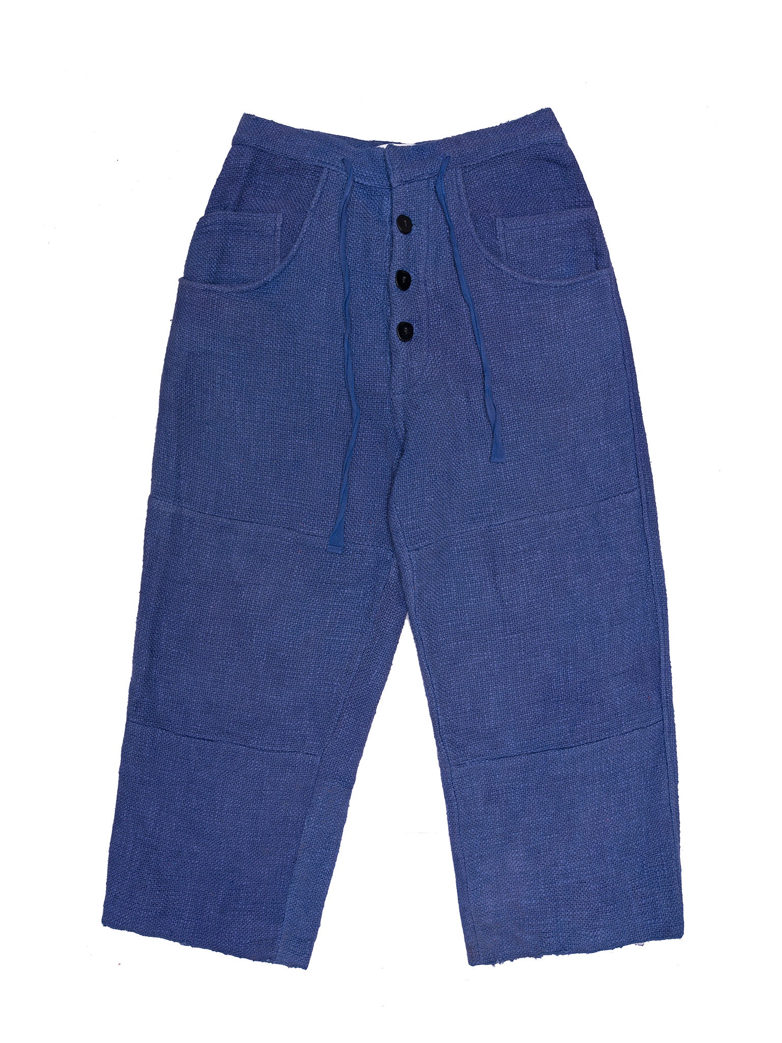 A pair of blue trousers with a high waist, wide legs, and front button closures.