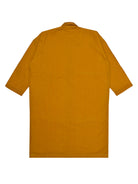 Back view of a mustard yellow shirt on a white background