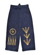 Navy pants with yellow hand embroidery on a white background