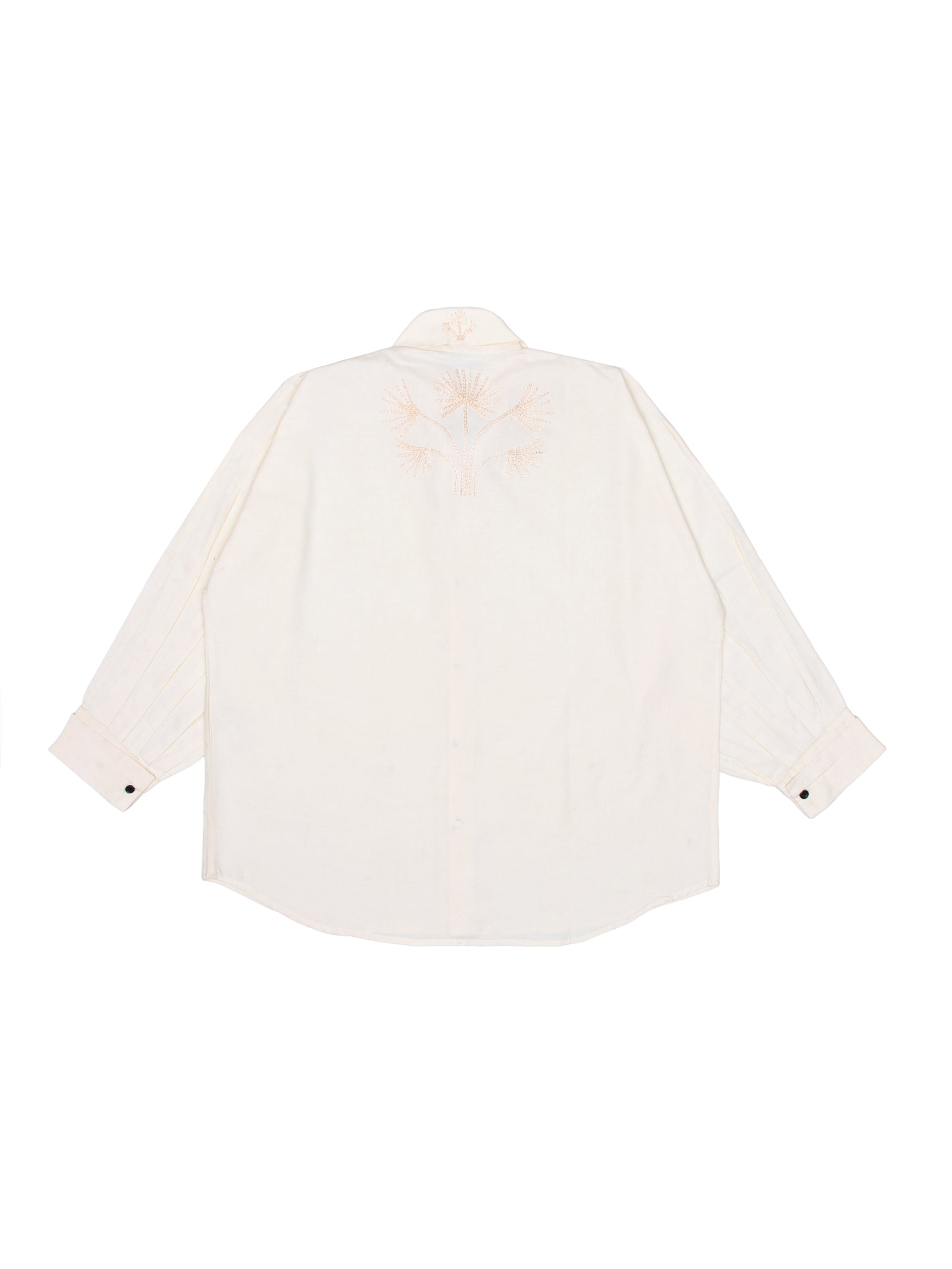 Off-white shirt with floral embroidered details on a white background