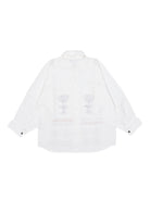 White shirt with a brand logo on the back on a white background