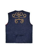 Navy blue vest with yellow decorative pattern on a white background