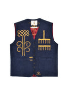 Navy blue vest with yellow hand embroidery on a white background