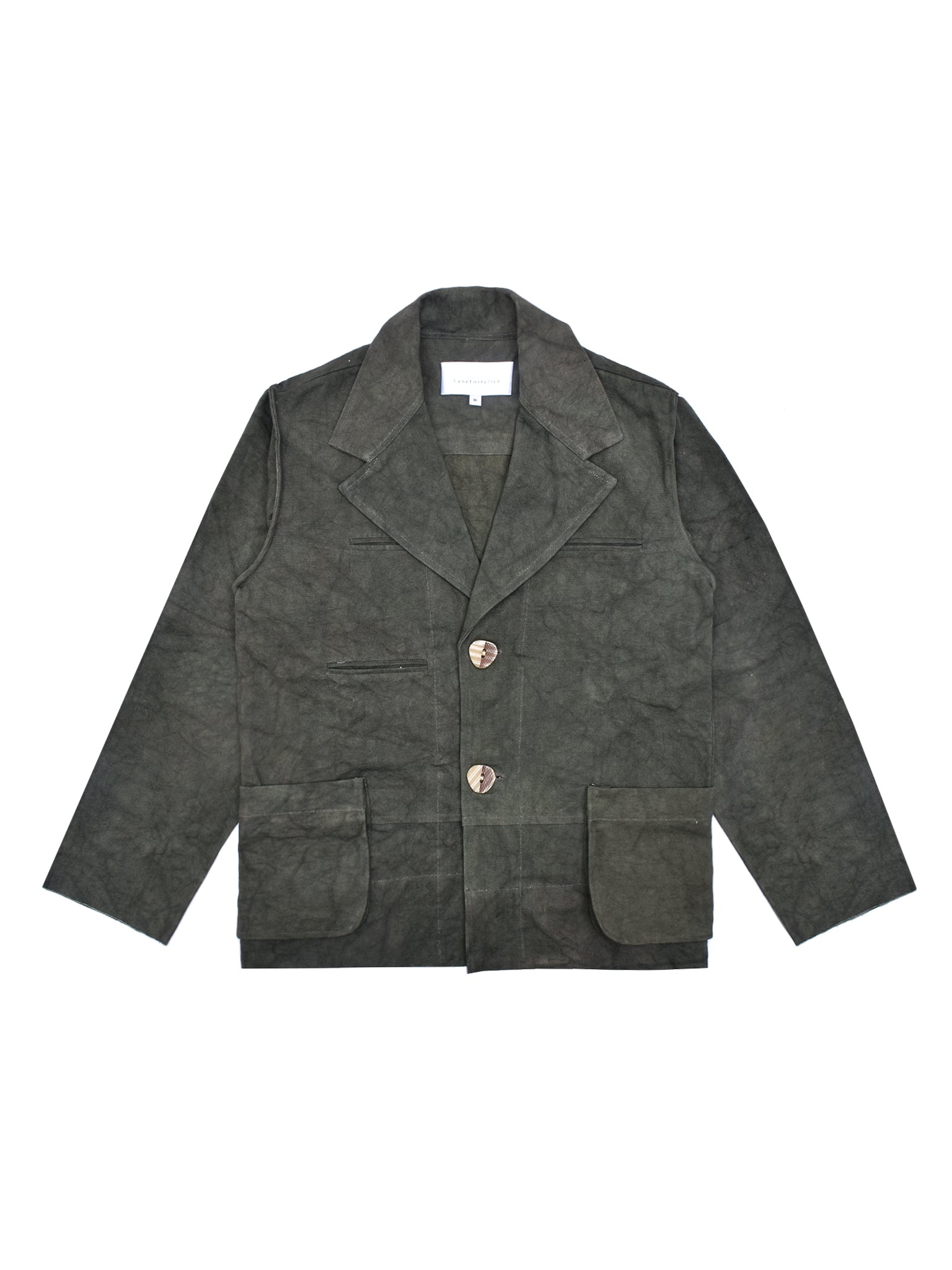 Dark green jacket with button details on a white background