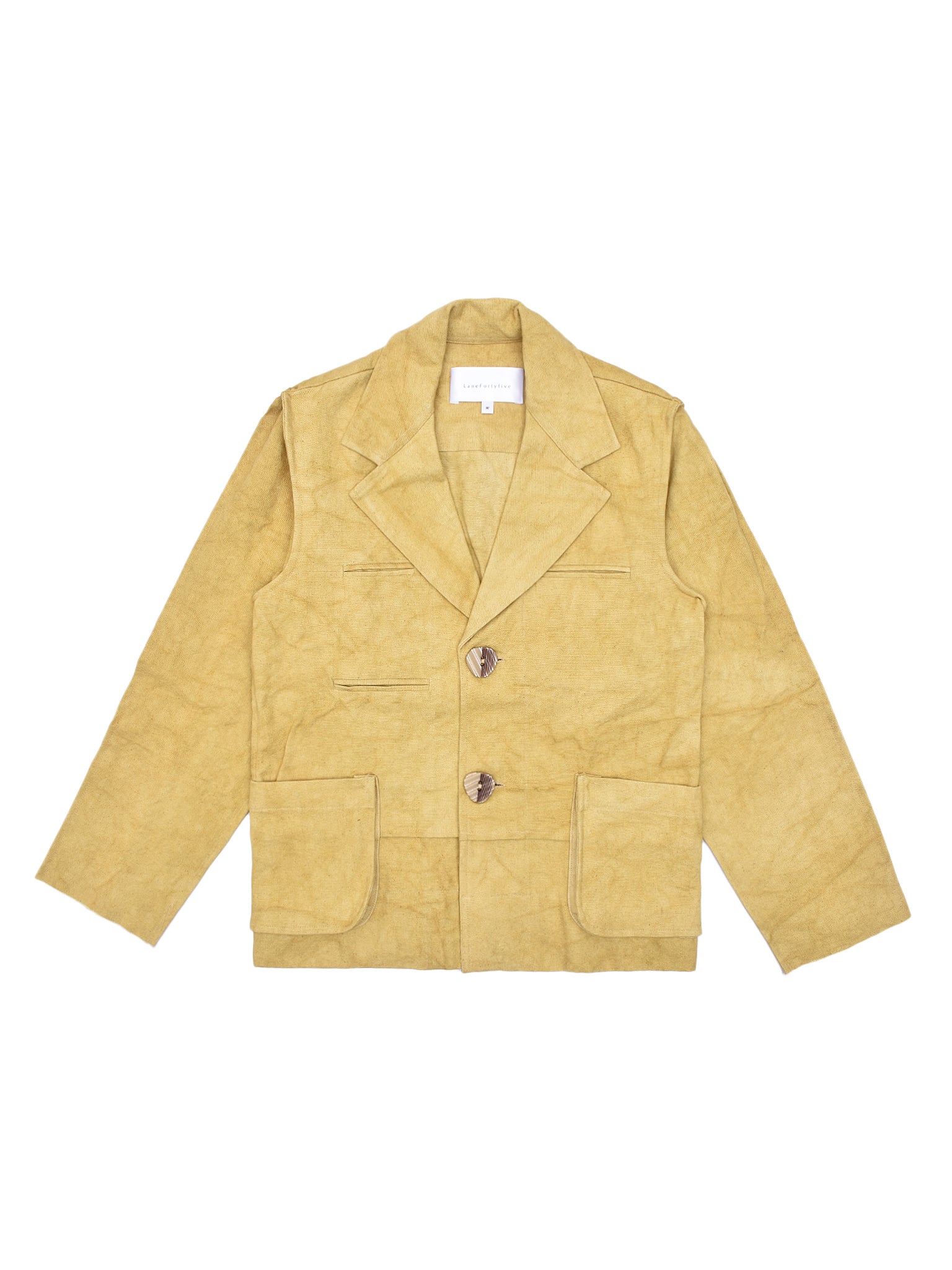 Pale mustard jacket with two front pockets on a white background