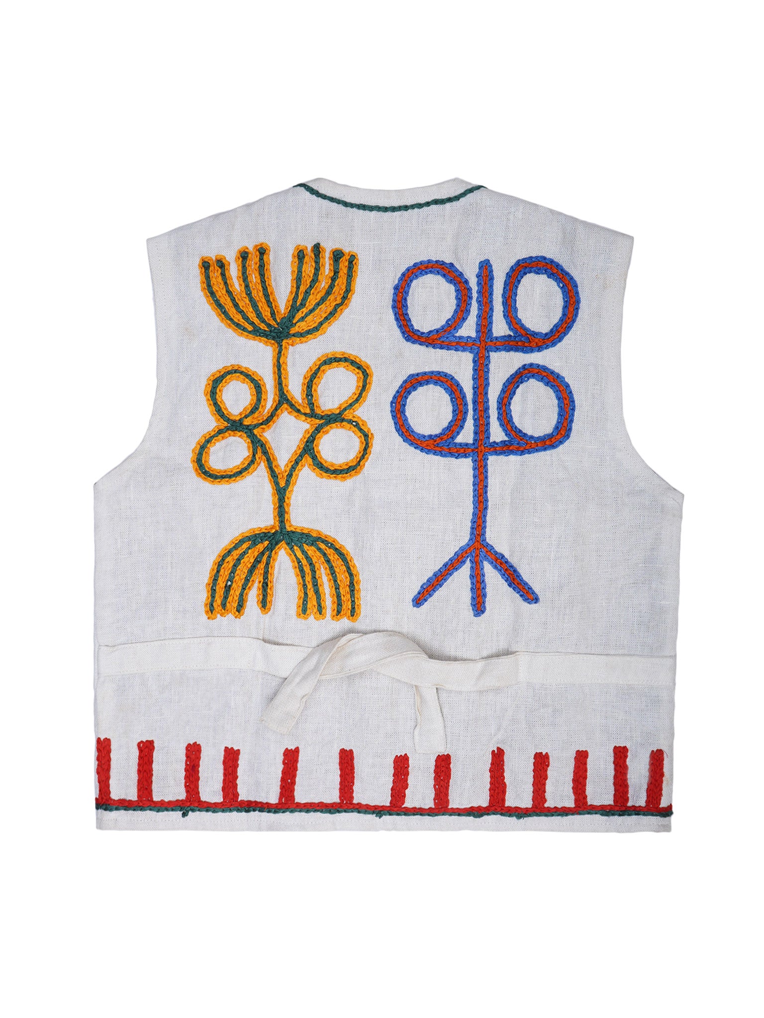 White vest with colorful floral patterns on a white background