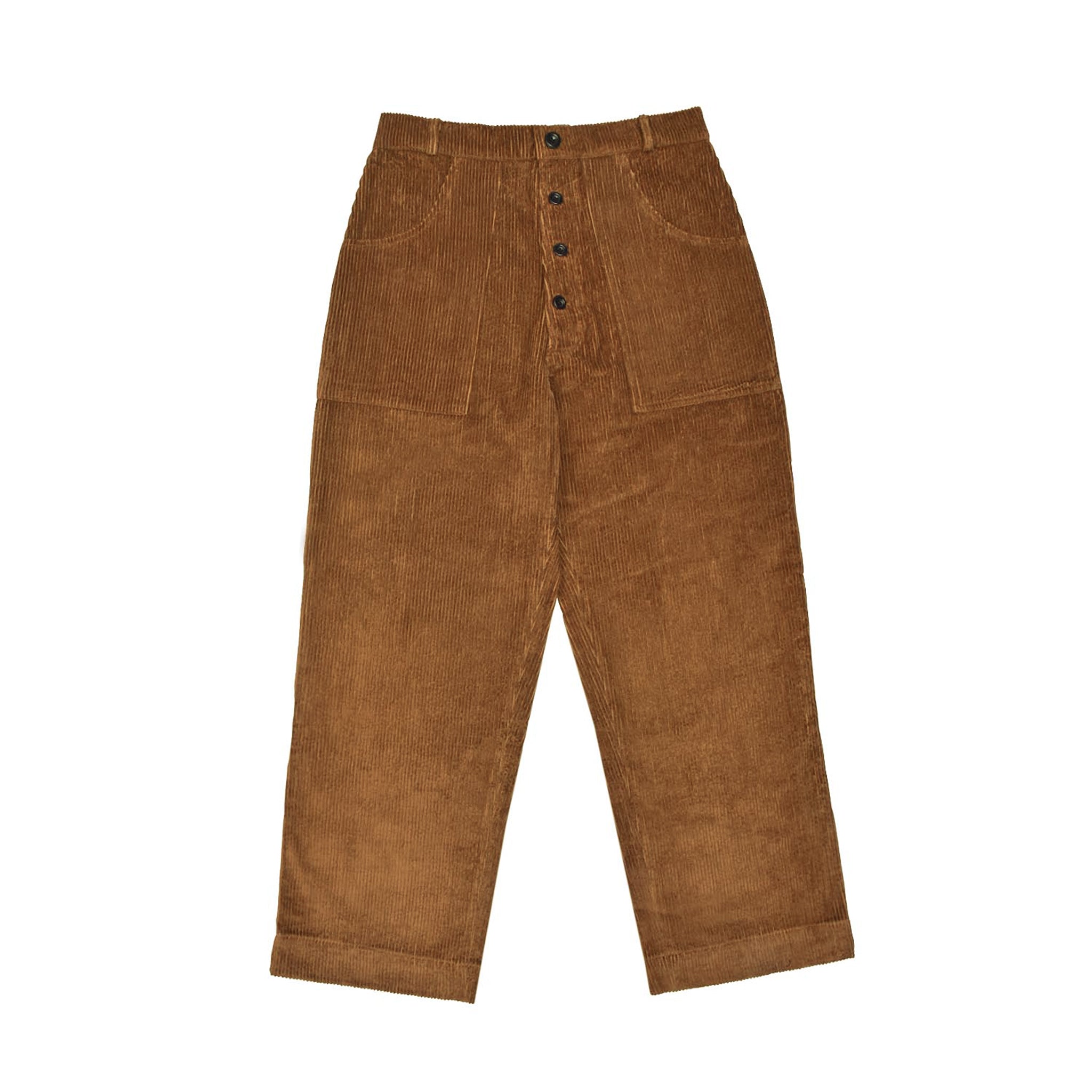 Brown corduroy pants on a white background