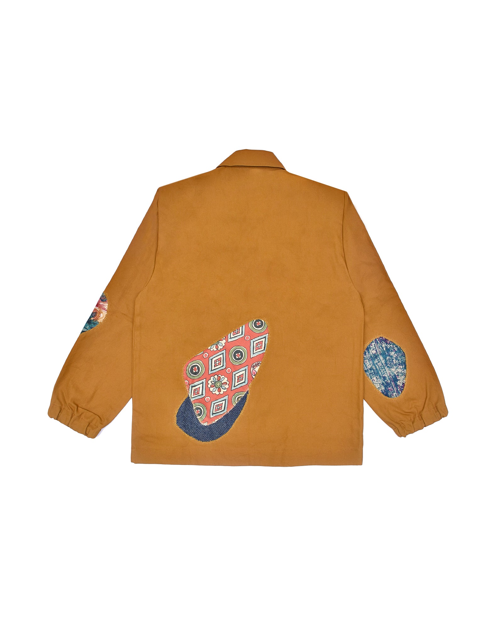 Brown jacket with colorful patchwork design on a white background