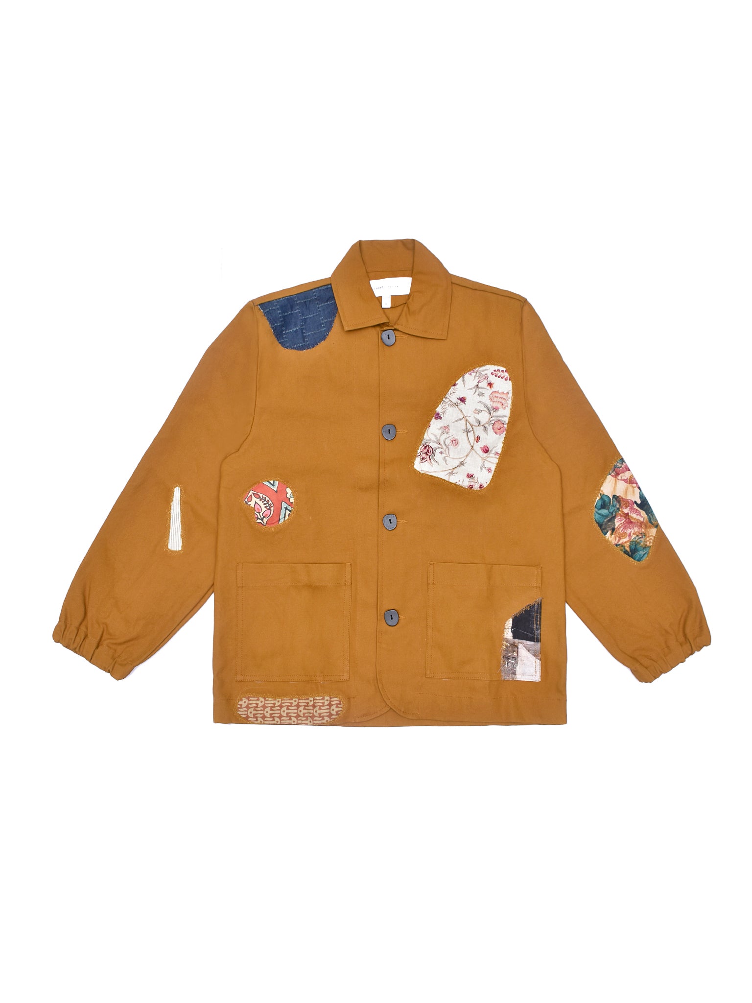 Brown jacket with colorful patches on a white background