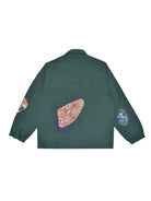 Green jacket with colorful patchwork design on a white background