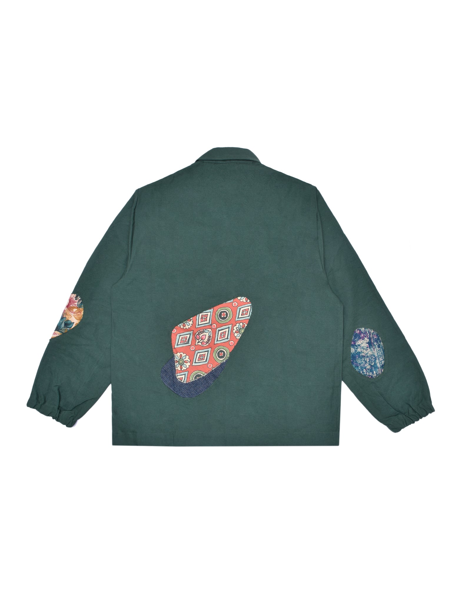 Green jacket with colorful patchwork design on a white background
