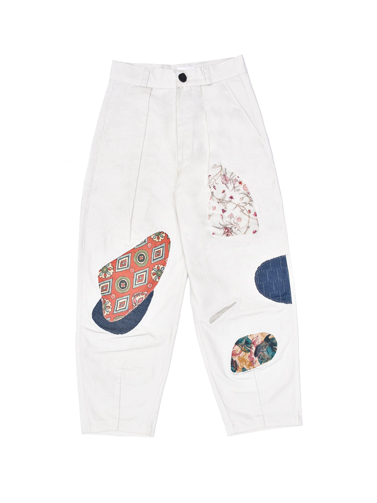 White pants with colorful patches on a white background