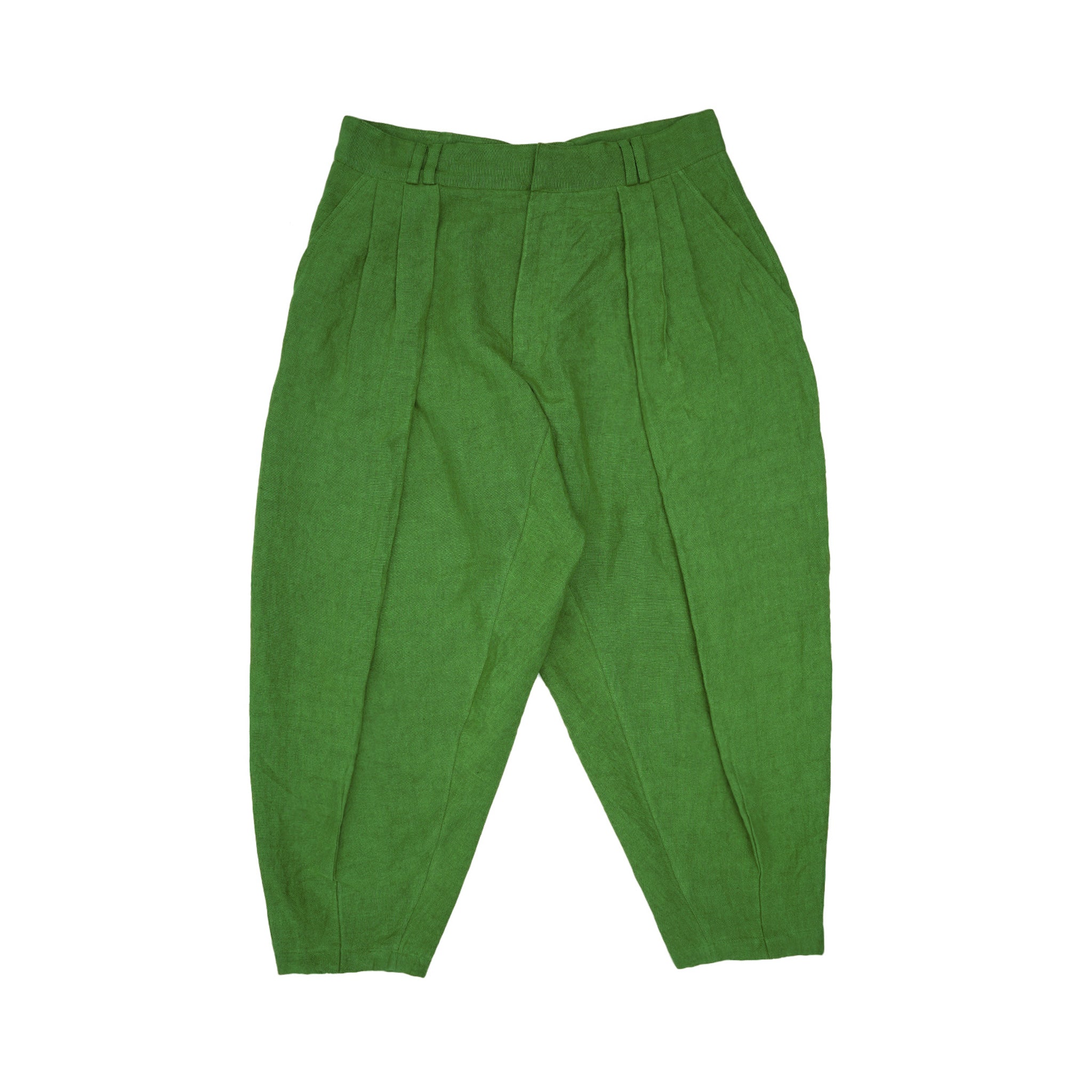Green pleated pants on a white background