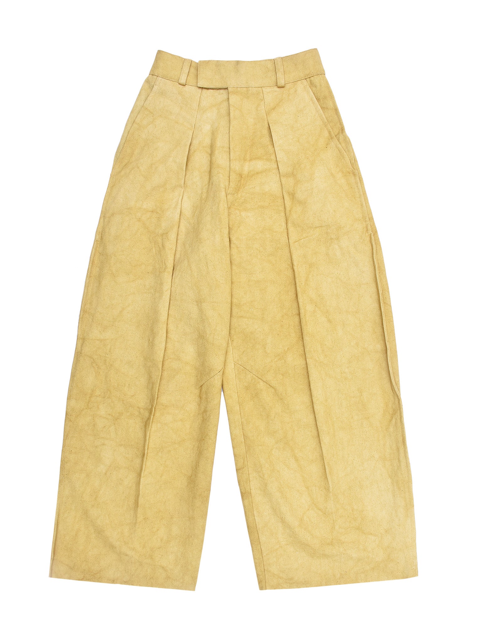 Pale mustard wide-leg pants on a white background