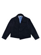 Black jacket with a striped shirt underneath on a white background