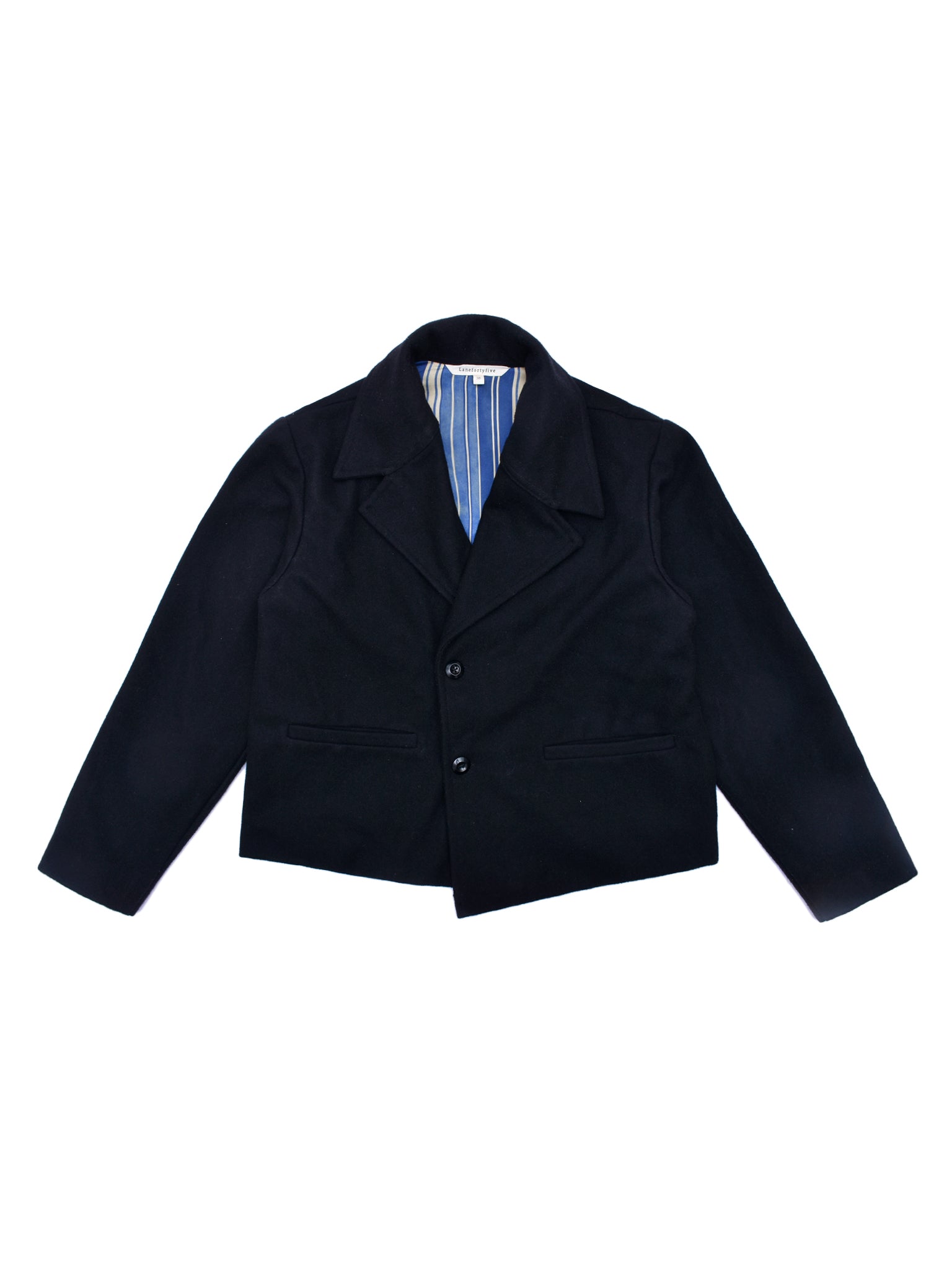 Black jacket with a striped shirt underneath on a white background