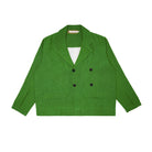 Green blazer with black buttons on a white background
