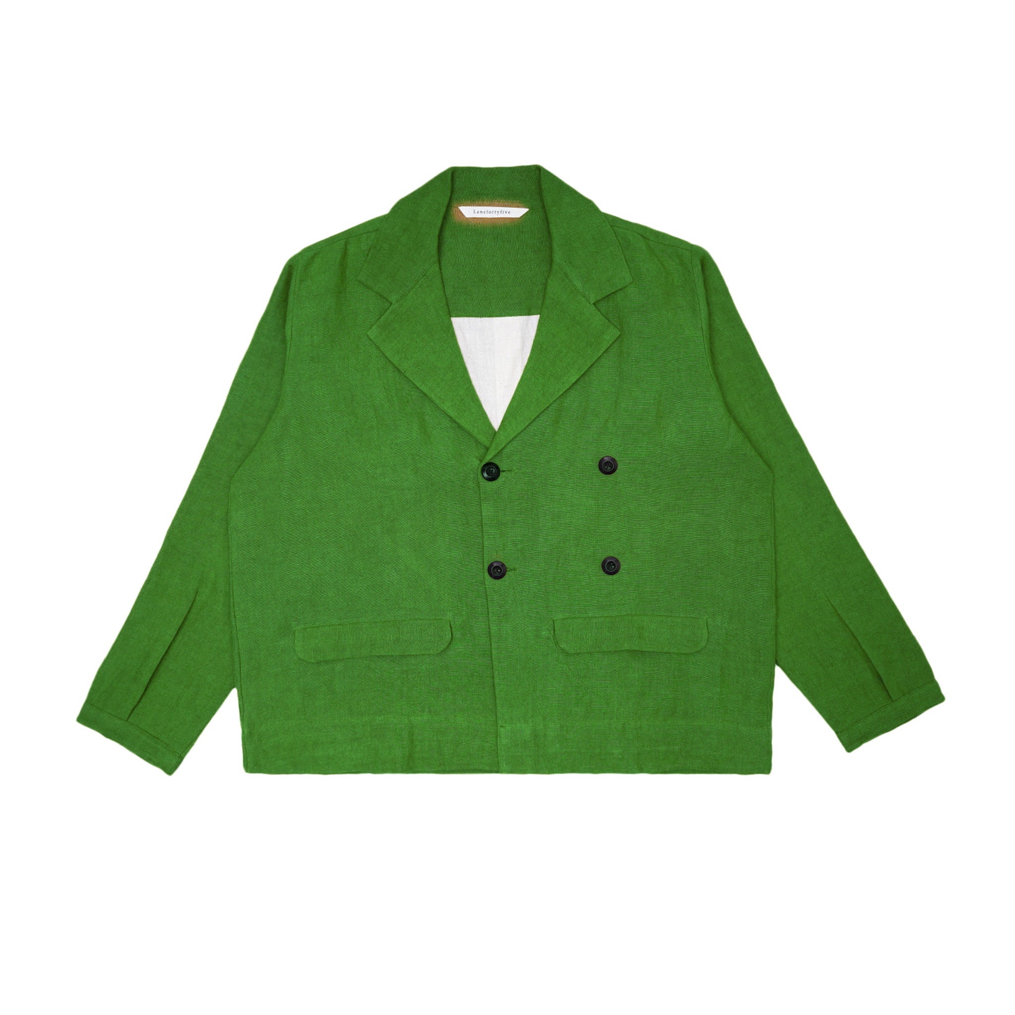 Green blazer with black buttons on a white background
