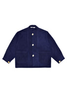 Navy blue jacket with white buttons on a white background