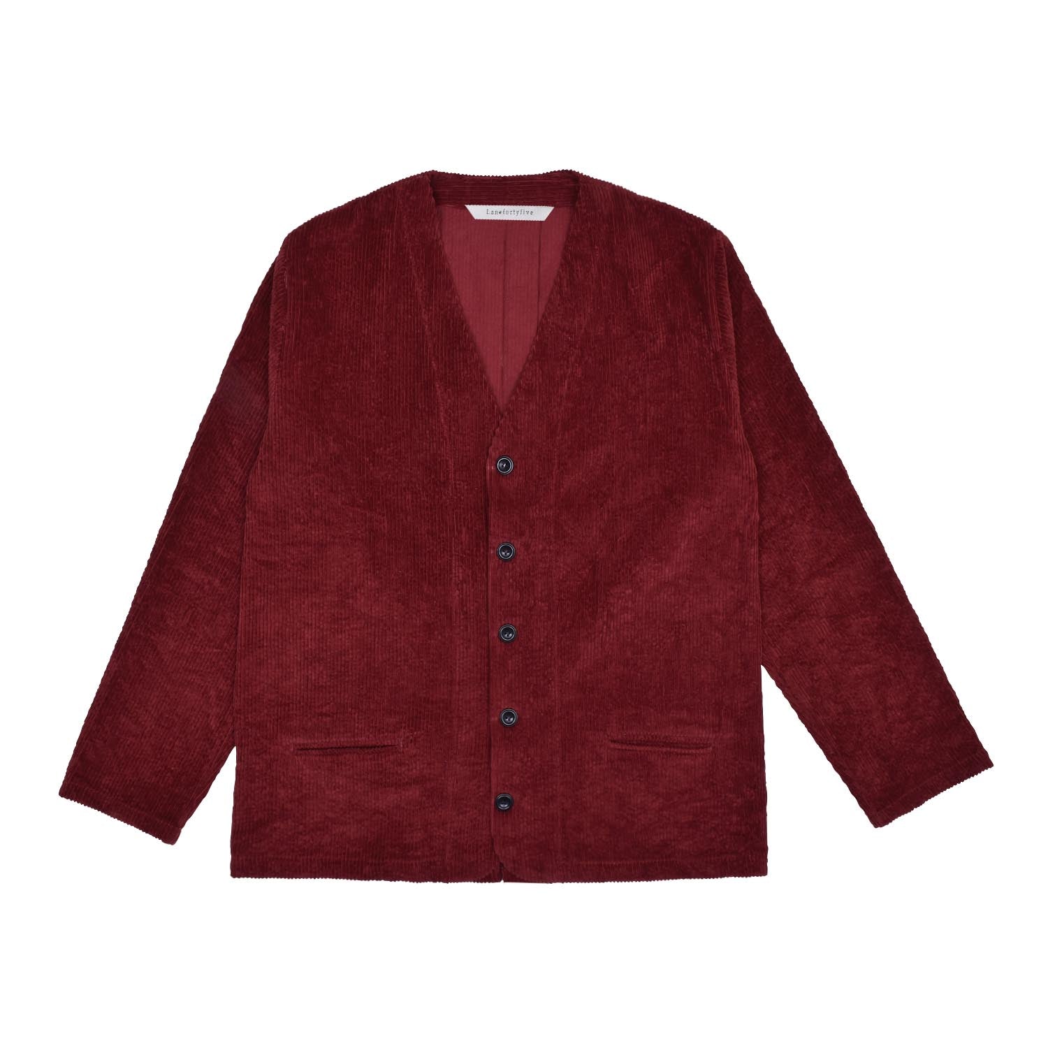 Dark red jacket with button details on a white background