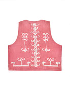 Dark pink sleeveless top with white embroidery on a white background