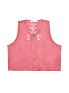 Dark pink vest with white embroidery on a white background