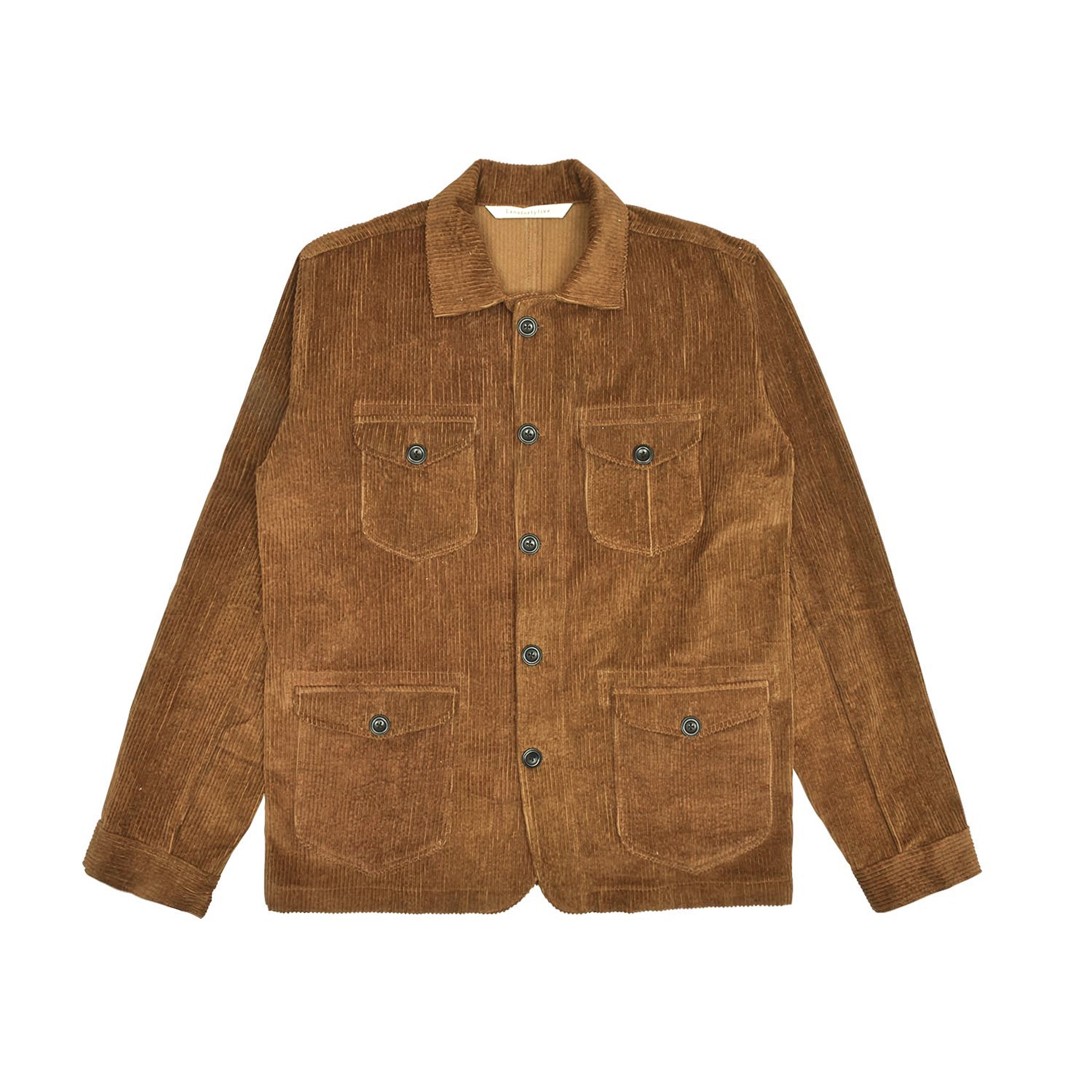 Brown corduroy jacket with multiple pockets on a white background