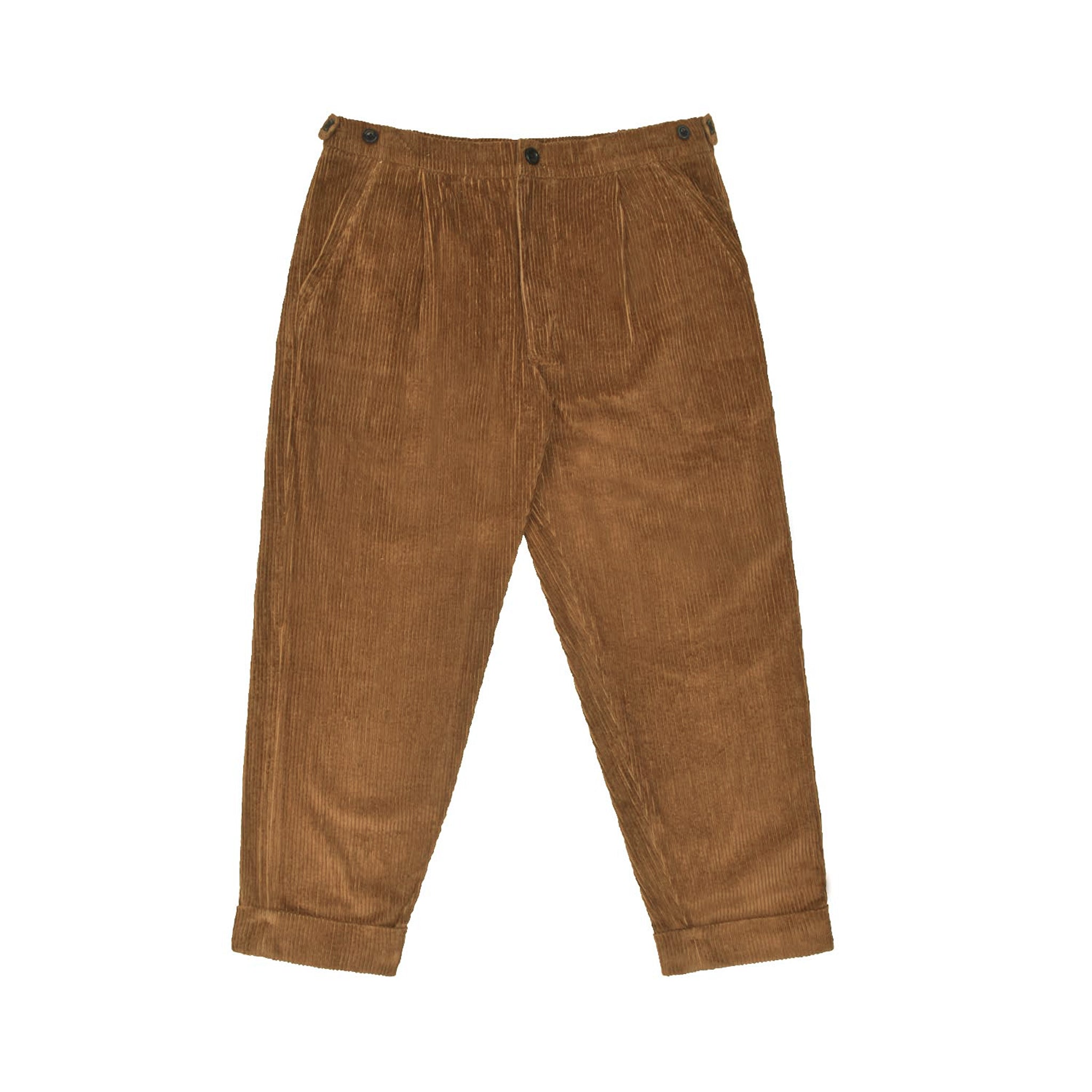 Brown corduroy pants on a white background