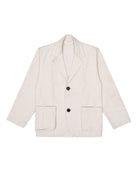 Off-white blazer with black buttons on a white background