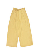 Pale mustard wide-leg pants with a tie waist on a white background