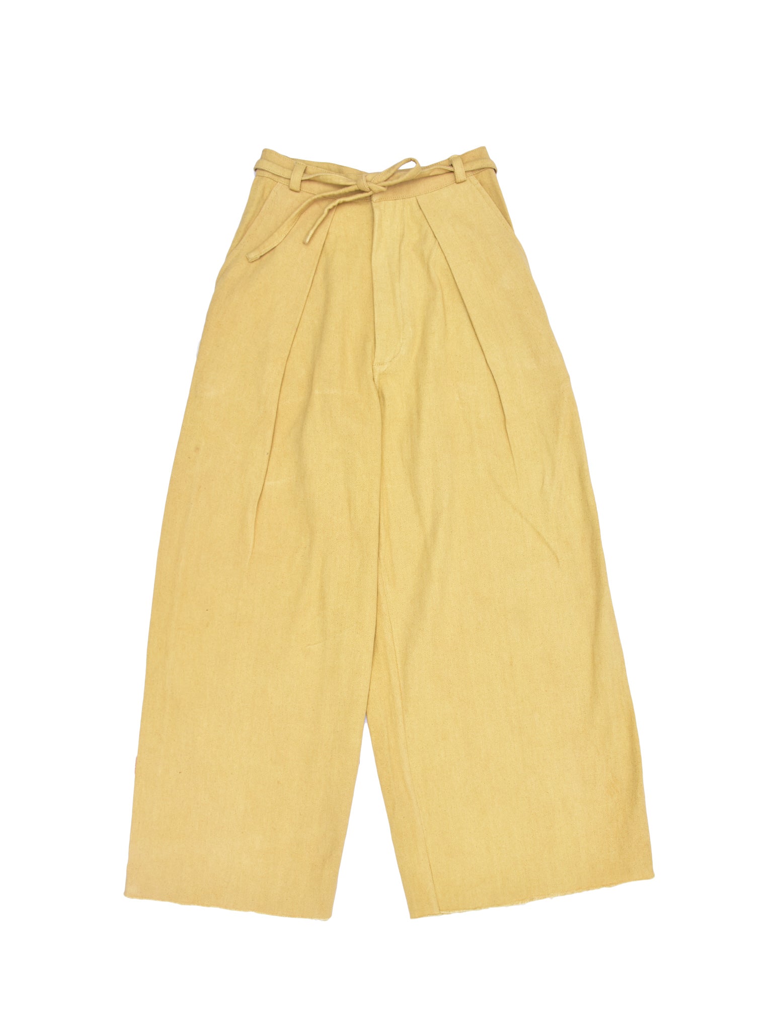 Pale mustard wide-leg pants with a tie waist on a white background