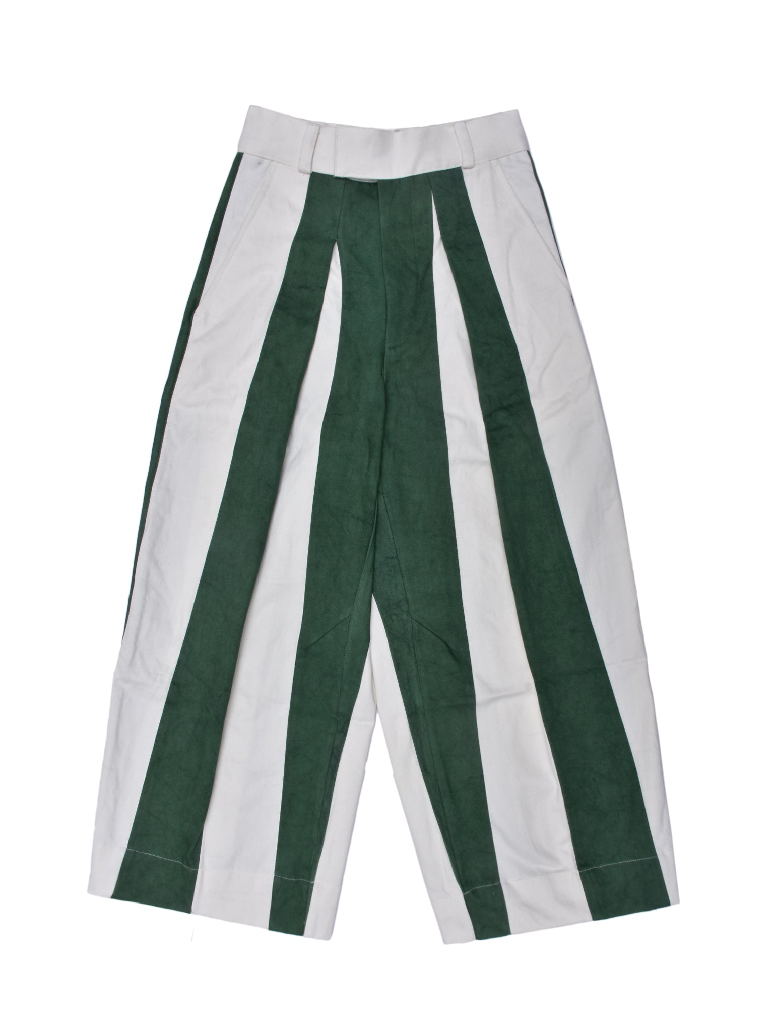 Green and white striped pants on a white background