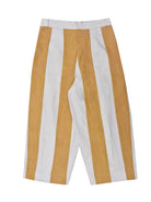 Trousers with mustard and white vertical stripes on a white background