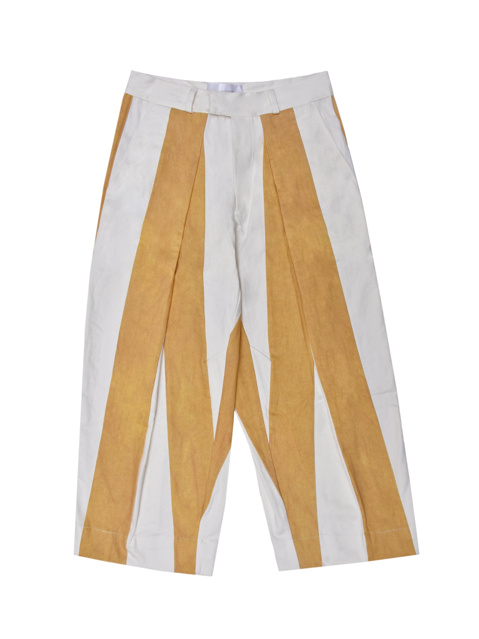 Pants with mustard and white vertical stripes on a white background