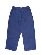 A pair of blue trousers with a high waist, wide legs, and front button closures.