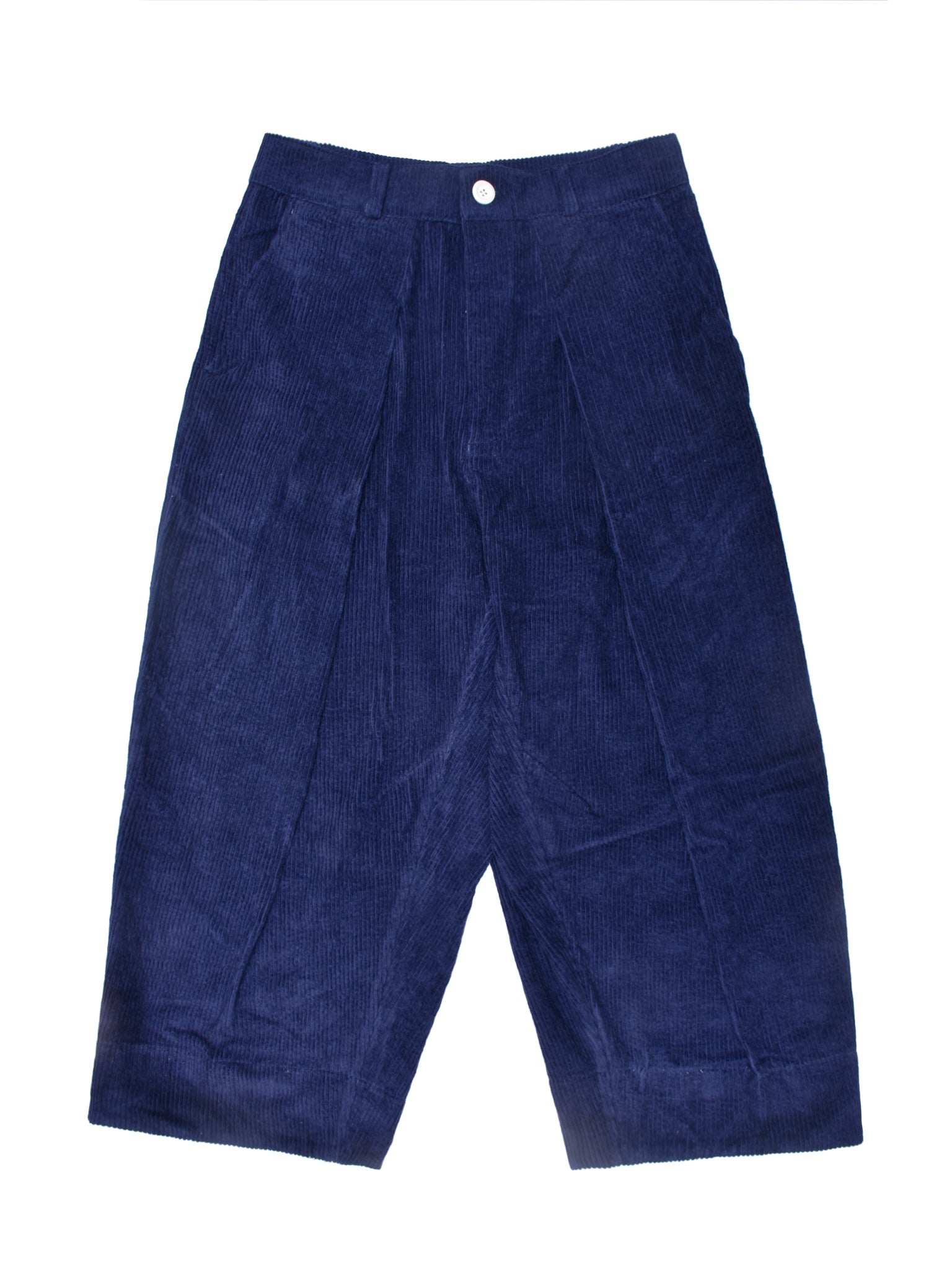 Blue corduroy pants on a white background