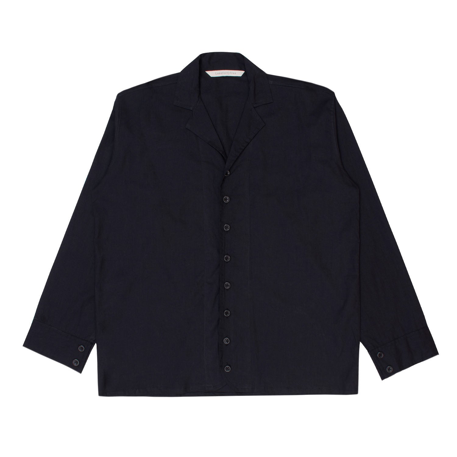 Black button-up shirt on a white background